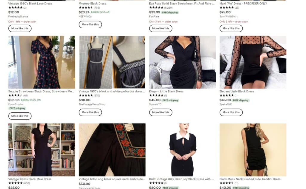 etsy search results page for "black dress"