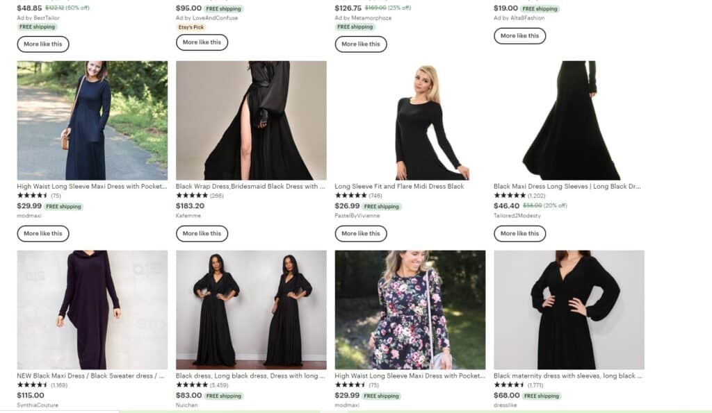etsy search results page for "long black dress with sleeves."
