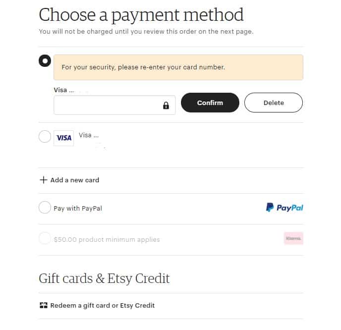 Etsy payment options in the shopping cart