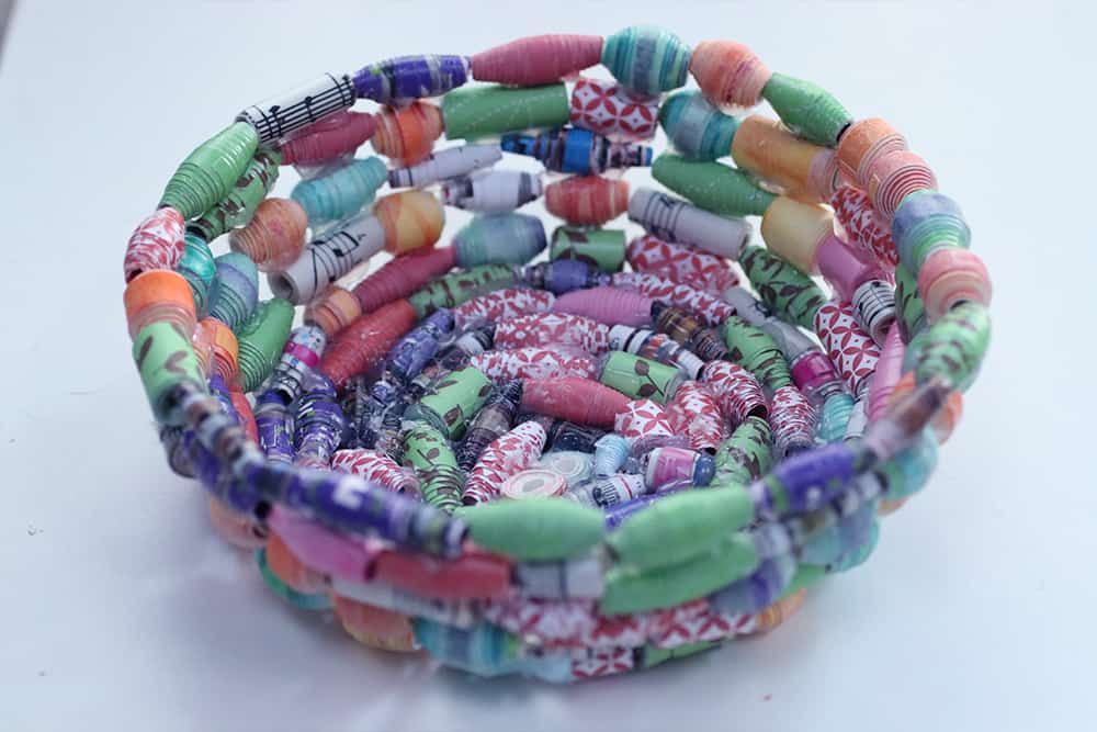 The finished bowl made from paper beads.
