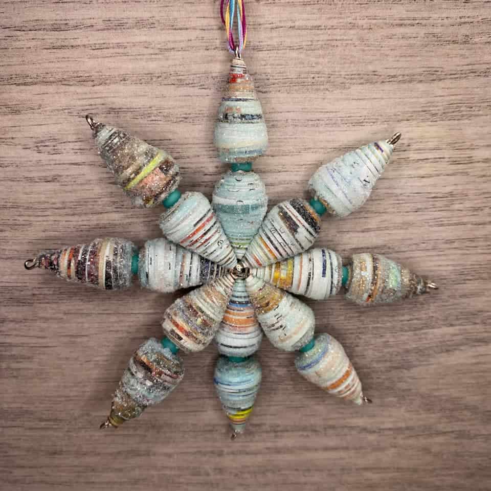 Paper beads Christmas ornament made by Zoe of Squeakerchimp.