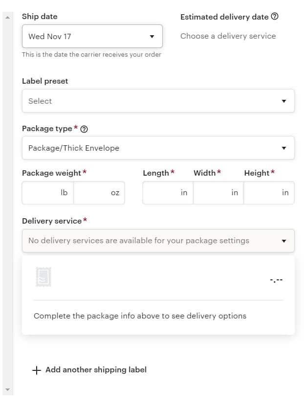 Filling out the Etsy shipping label information