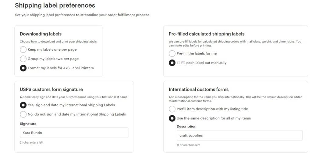Choosing the size of the shipping labels in the Etsy shipping label preferences section.