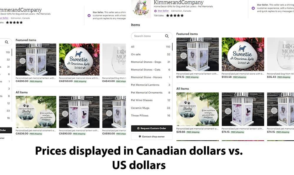Prices shown in Canadian vs. US dollars