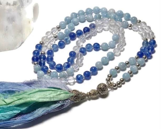 Aquamarine healing crystal mala necklace from Shakti Vibe Malas