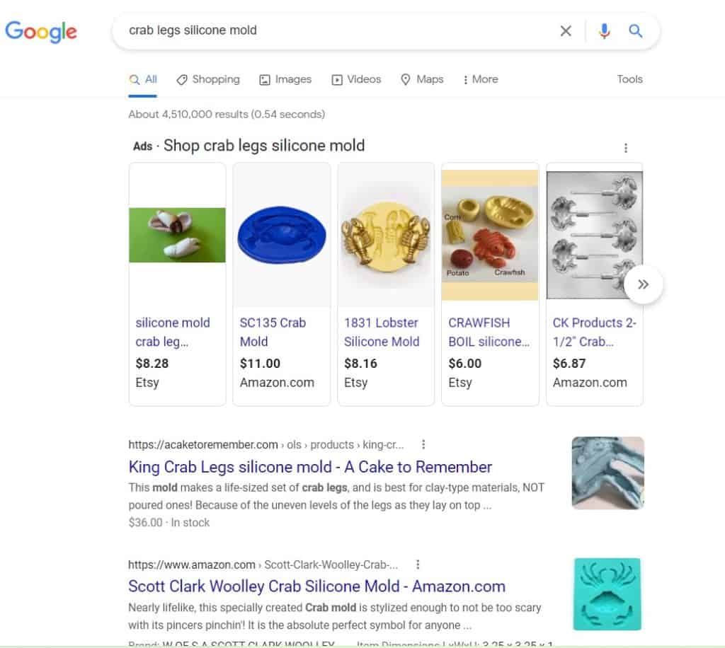 My crab legs mold at the top of Google search organic results.