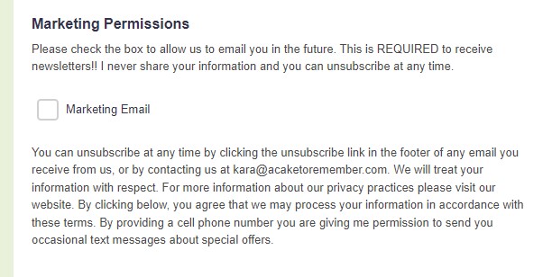 Marketing permissions opt-in in an email signup.
