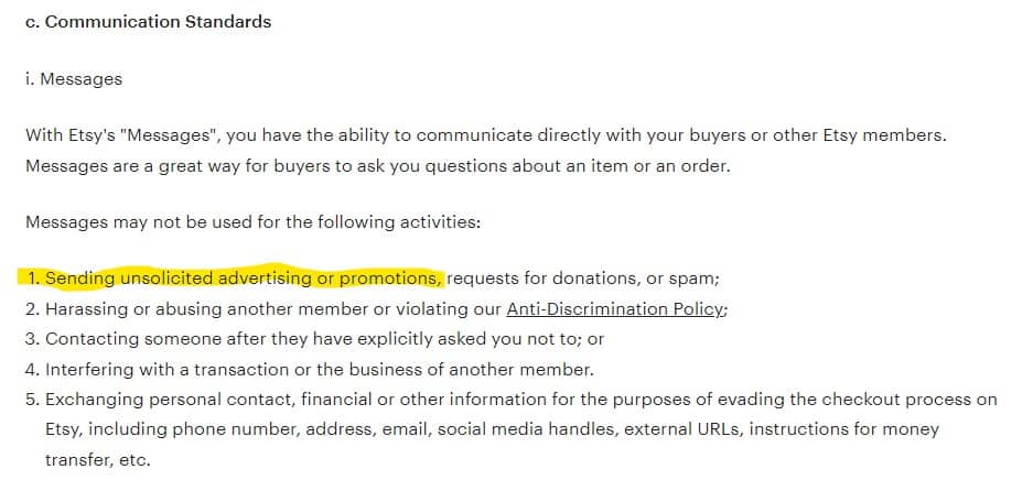 Messaging rules from the Etsy terms of use