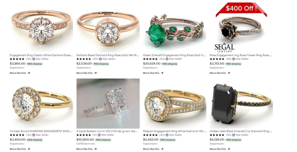 engagement ring listings on Etsy