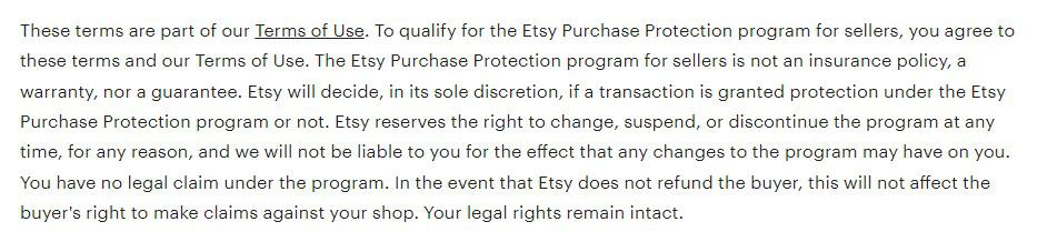Basic terms of the program from Etsy's terms of use section