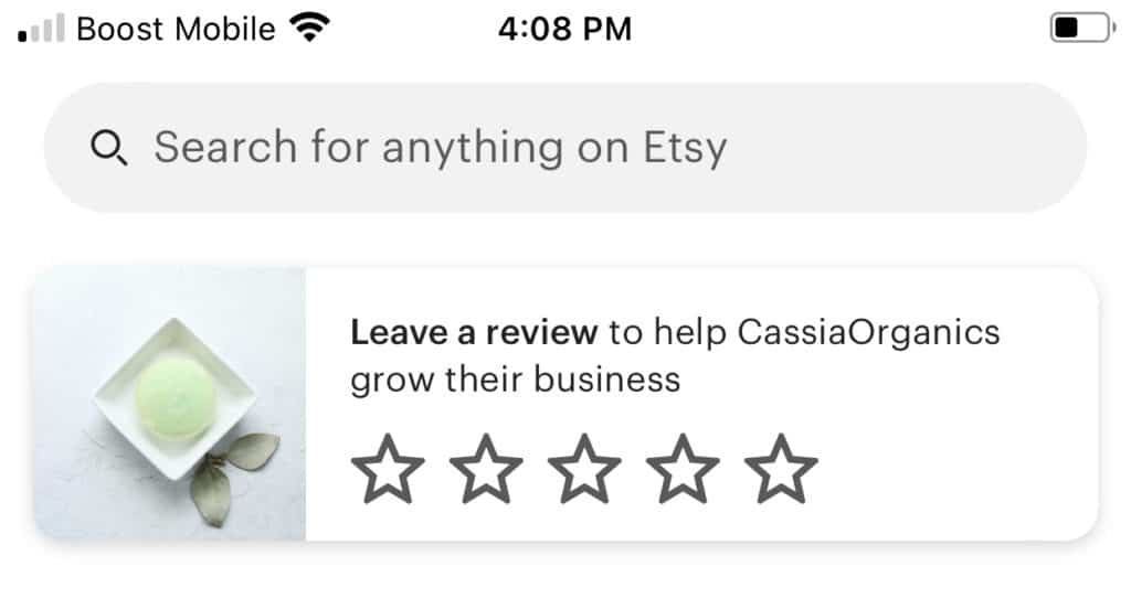 reminder to leave a review on Etsy