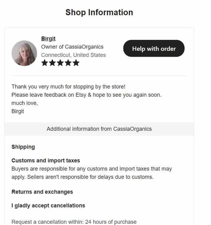 note from the shop owner on etsy order confirmation