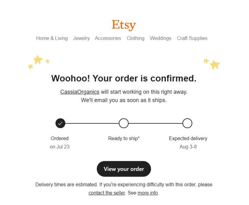 Etsy order confirmation.