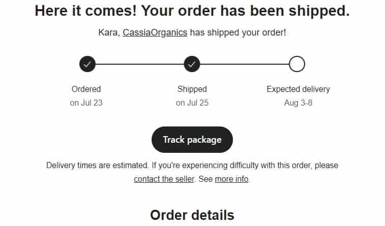 order shipped notification from Etsy