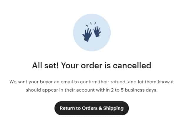 The message that sellers receive when a cancelation happens...Etsy says it takes 2-5 business days to see the refund.