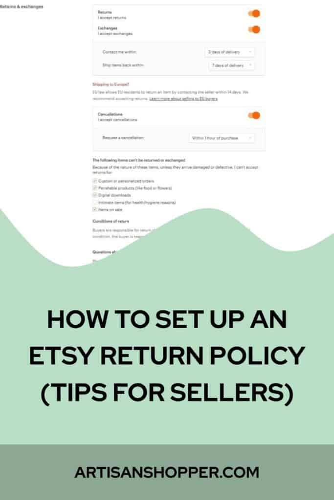 Image saying how to det up an etsy return policy, tips for sellers