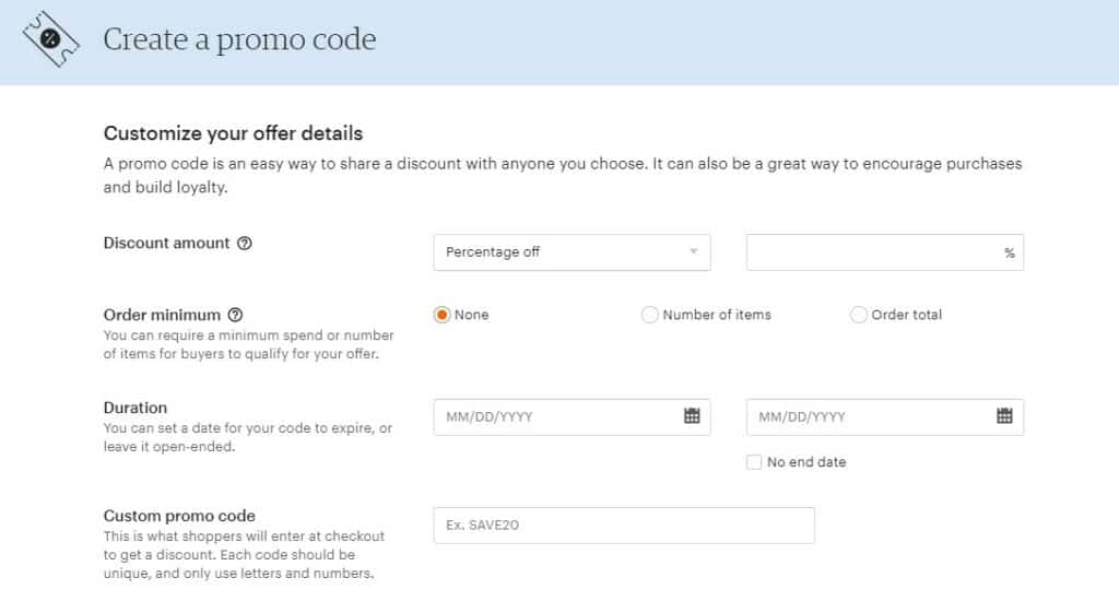 Image of the page to Create a promo code.