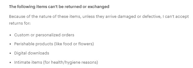 Etsy policies about things that can't be returned.
