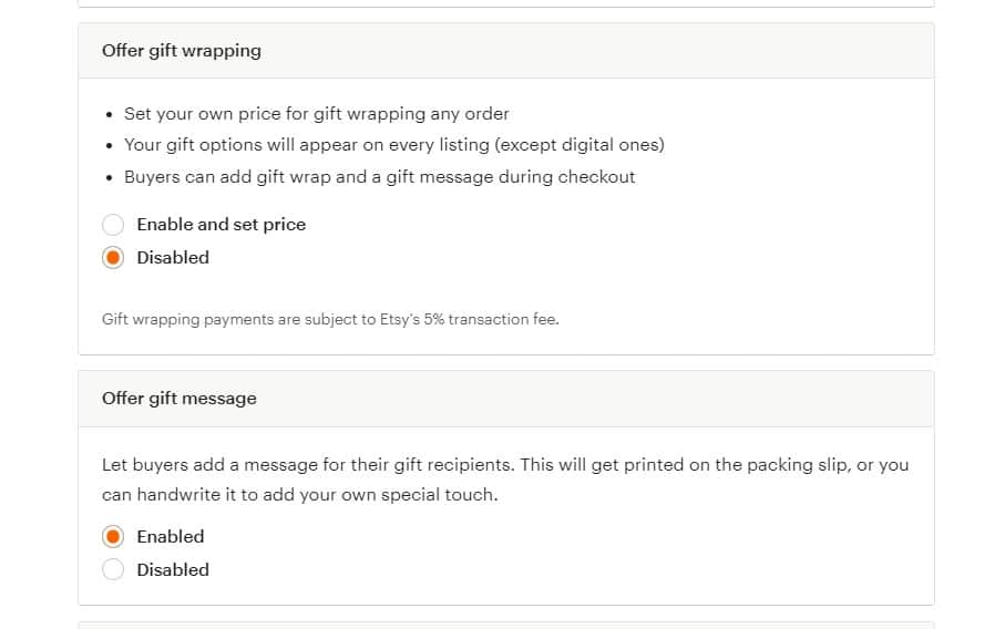 Gift wrap and gift message settings.