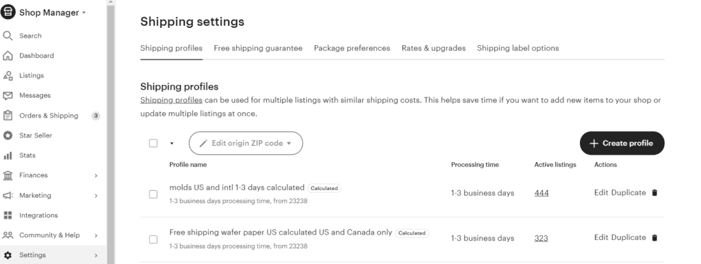 Shipping settings page