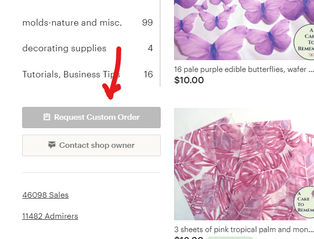 Request Custom Order button on the shop homepage