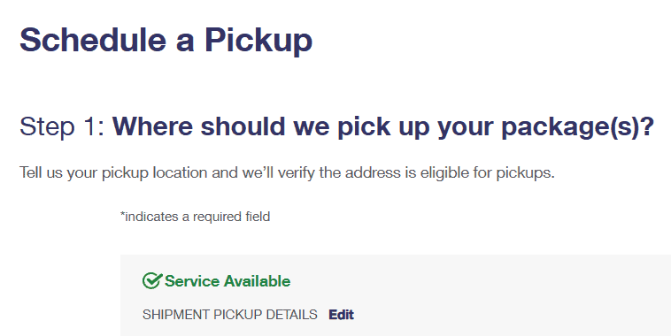 Image of the pickup availability window on the USPS website.