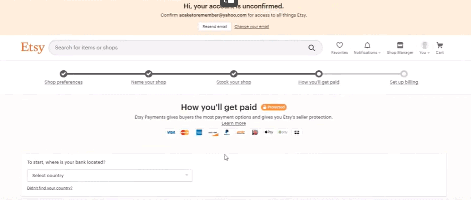 Image of the payment account setup on Etsy.