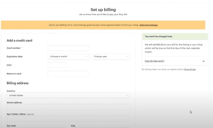 Image of the billing account setup.