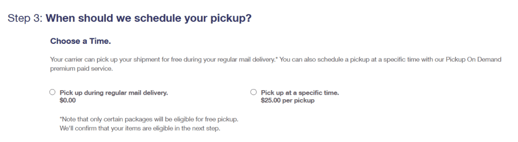 Image of selection of free or paid pickups