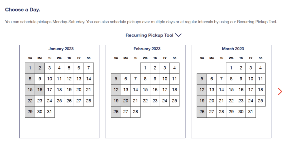 Image of the calendar you can use to schedule pickups.