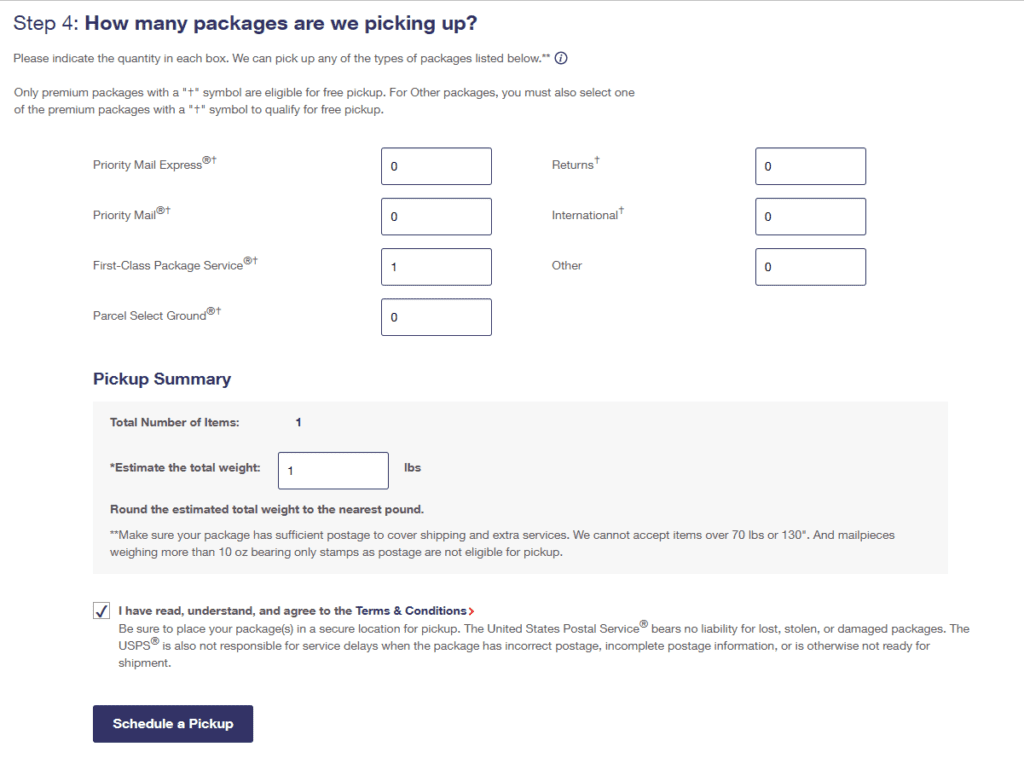 Image of the section where you enter the package information for pickups.