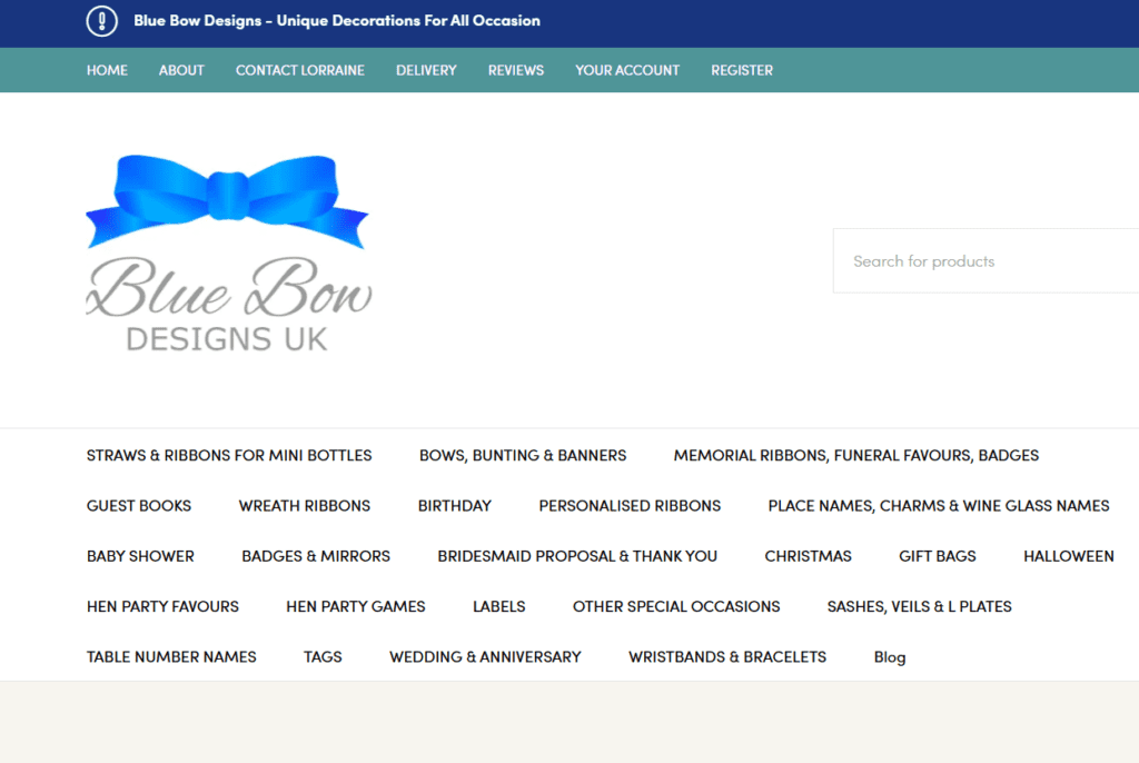 Blue Bow Designs UK Homepage of the website