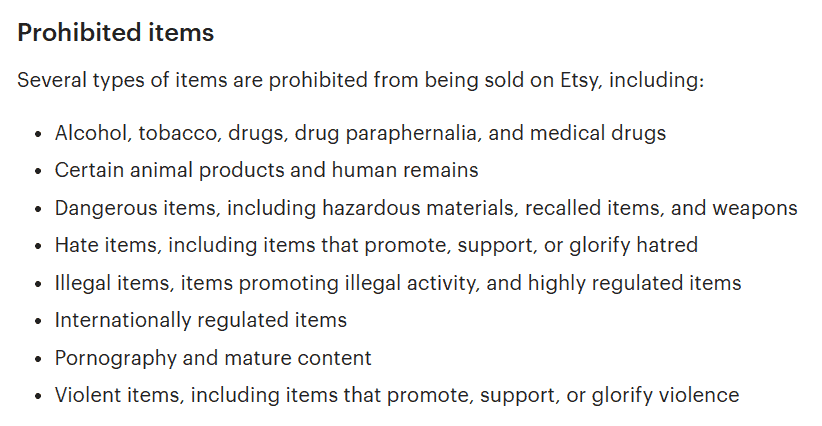 List of prohibited items on Etsy.