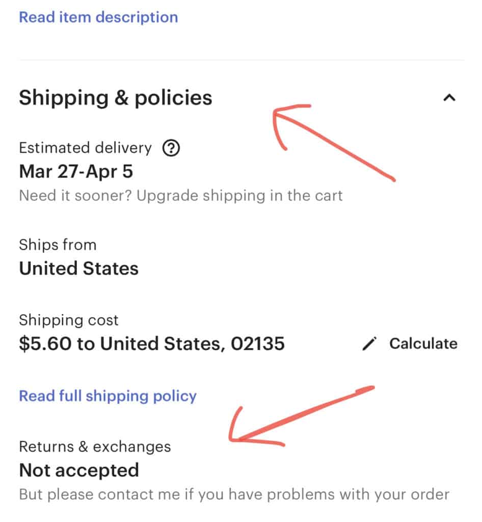 Shop policies on the Etsy app