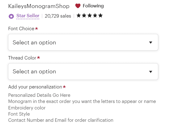 The personalization box on an Etsy listing.
