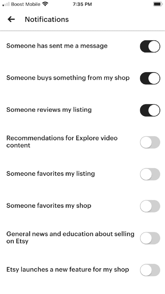 Etsy notifications in the app.