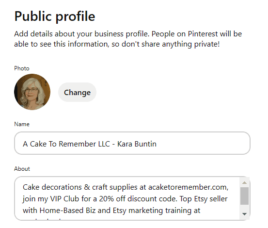 The public profile section on Pinterest