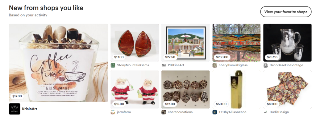 photo of the Etsy homepage "new from shops you like" suggestions.