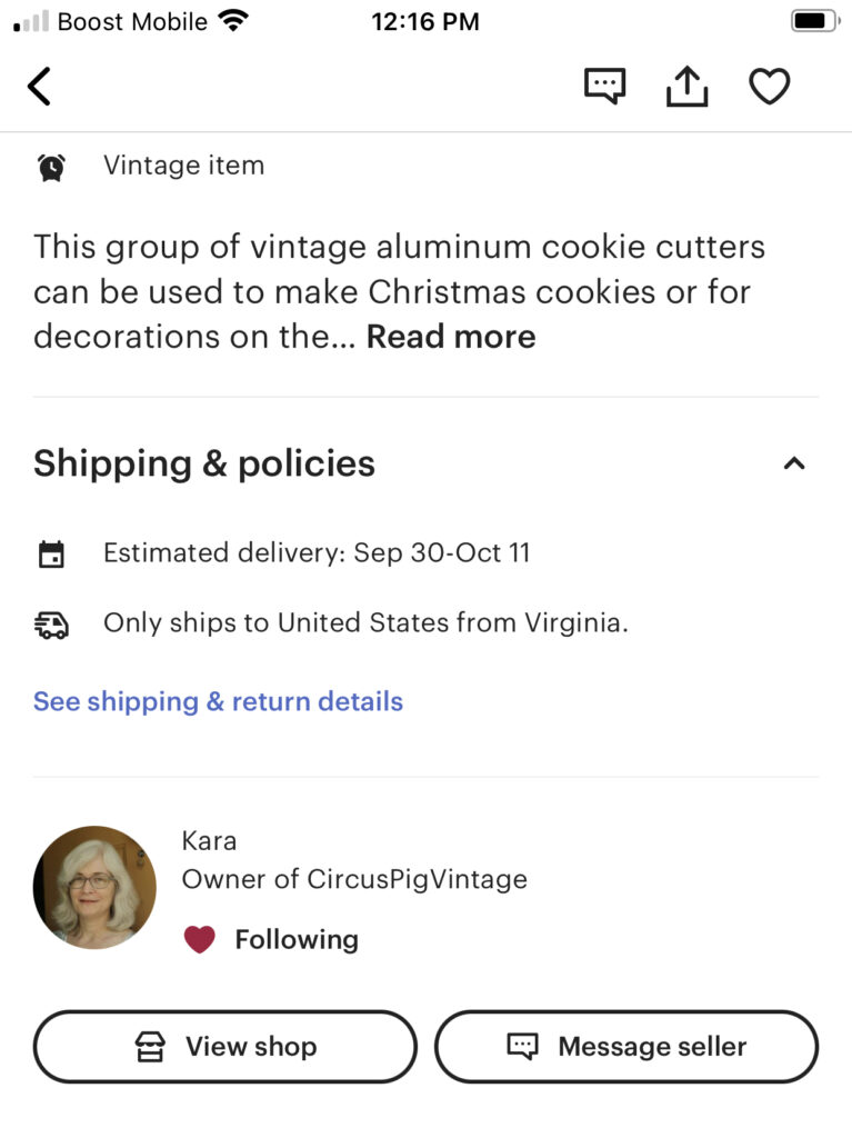 message seller button on a listing page on etsy