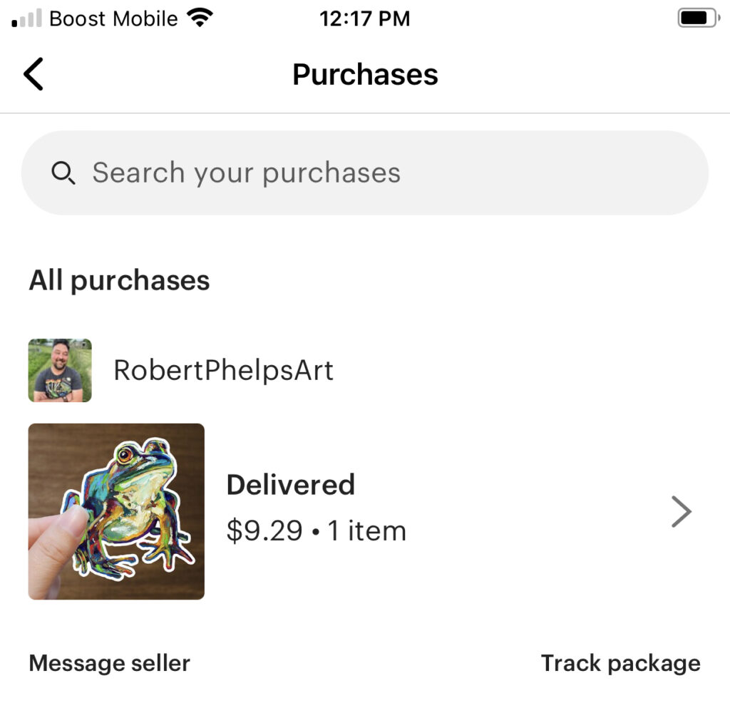 purchases page on the etsy app