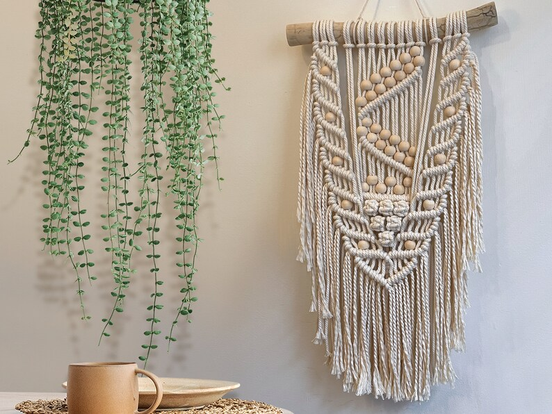 macrame wall hanging and a plant on a wall