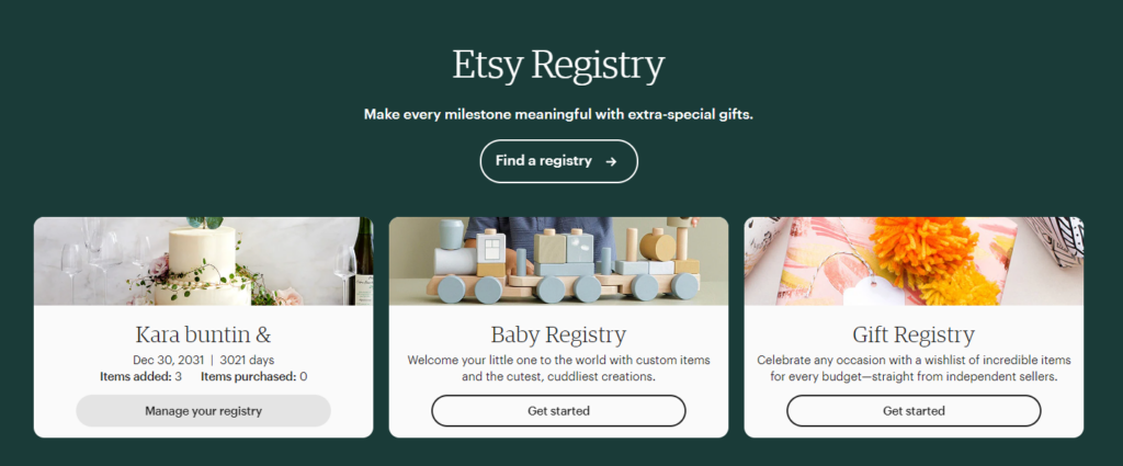 Etsy registry page