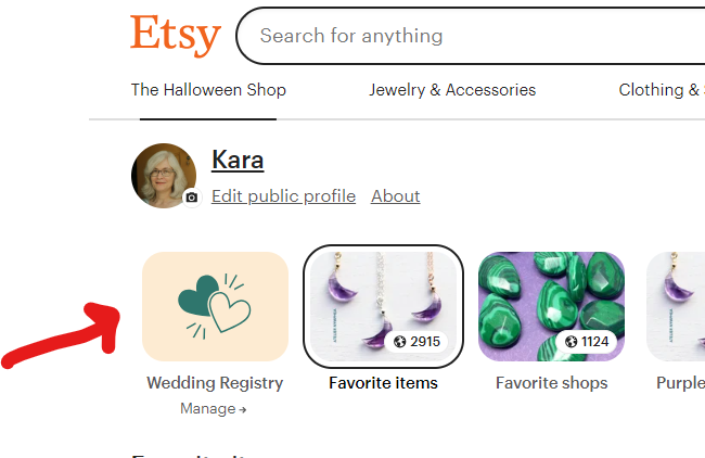 personal profile on Etsy with the registry button showing.