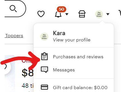 purchases and reviews button in an Etsy personal profile
