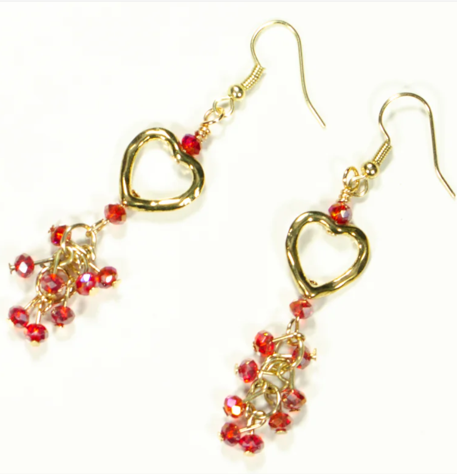 Red heart earrings with gold hearts