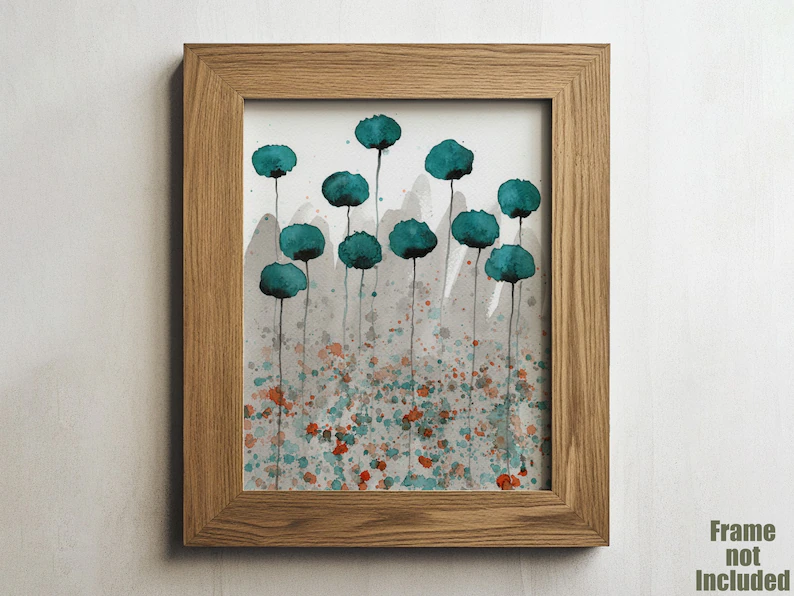 Print of teal flowers in a frame on a wall