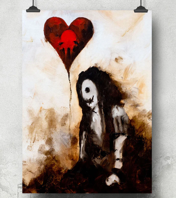 art print of a ghost girl holding a heart balloon