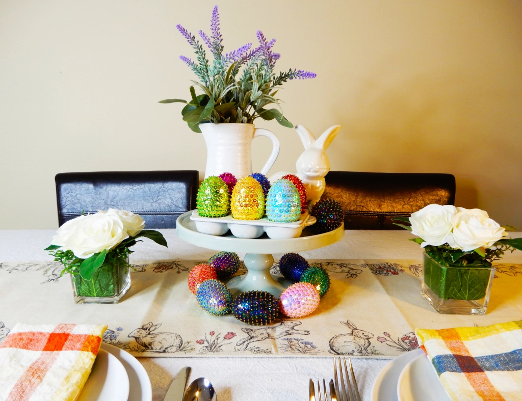 Colorful Easter table centerpiece with beaded eggs made by Holidays Lane