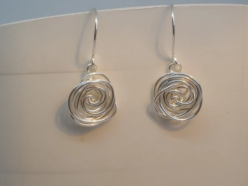 silver rose wire wrapped earrings
