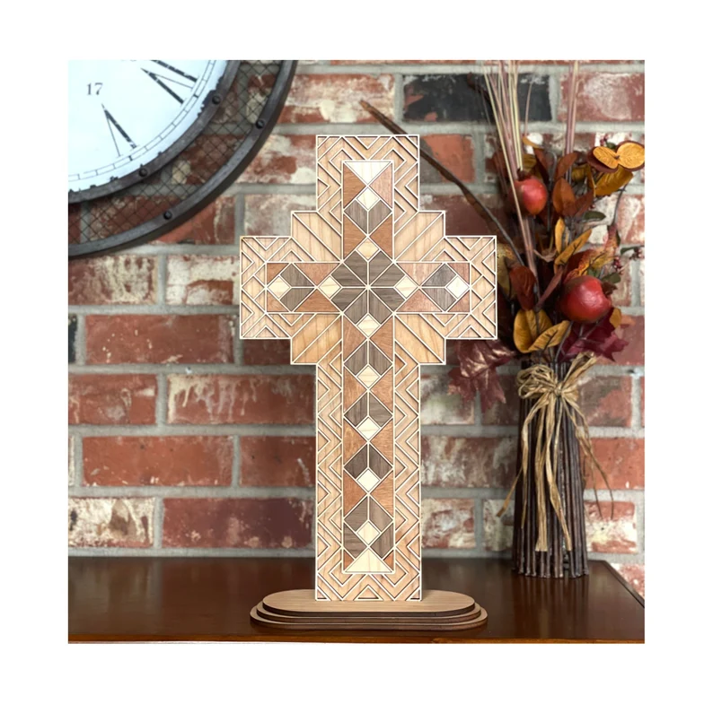 Wooden cross with different inlaid woods